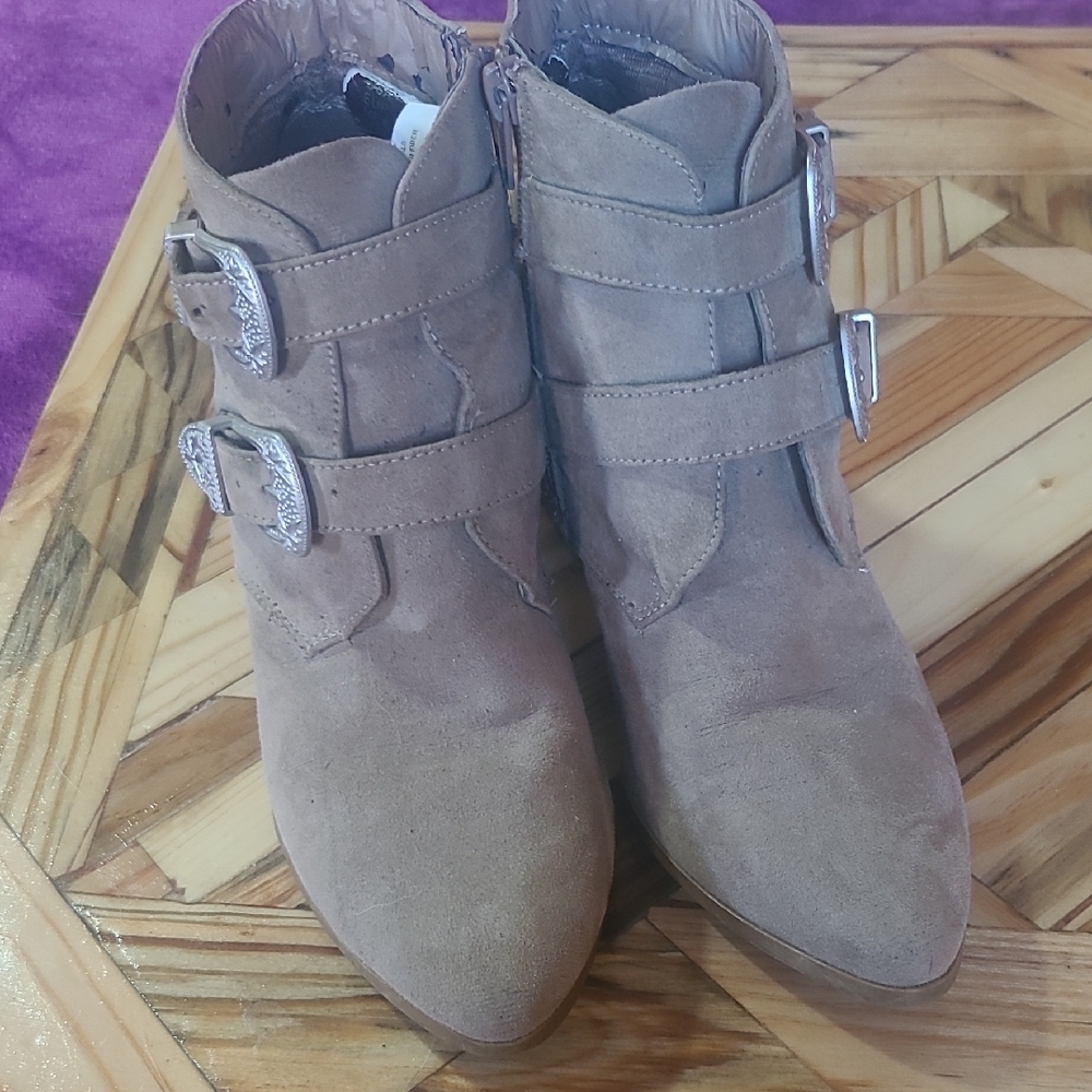 Christian Siriano Taupe Suede Ankle Booties with Buckle Straps